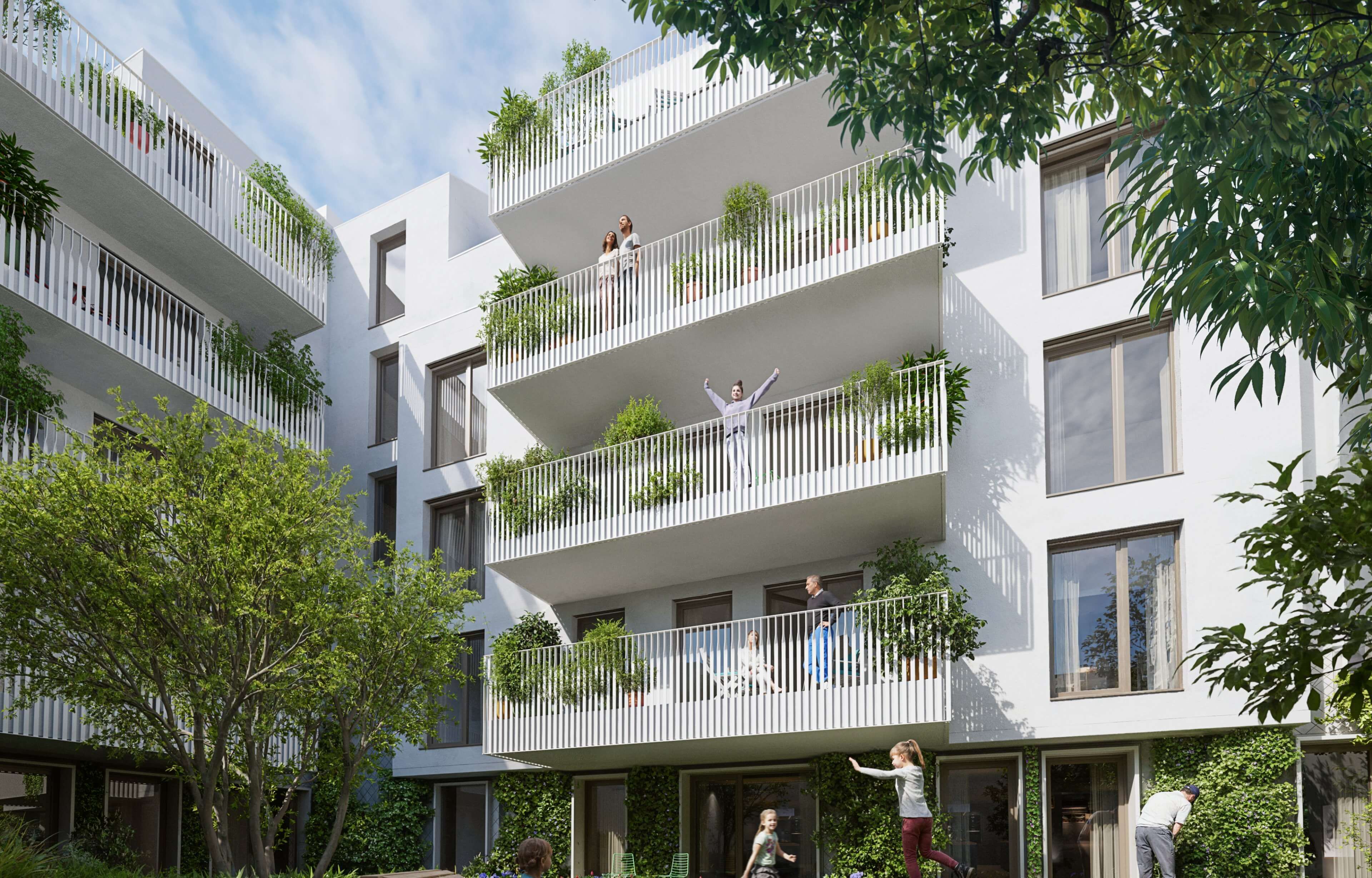 Außenansicht des Gebäudes vom Innenhof aus als Hintergrundbild